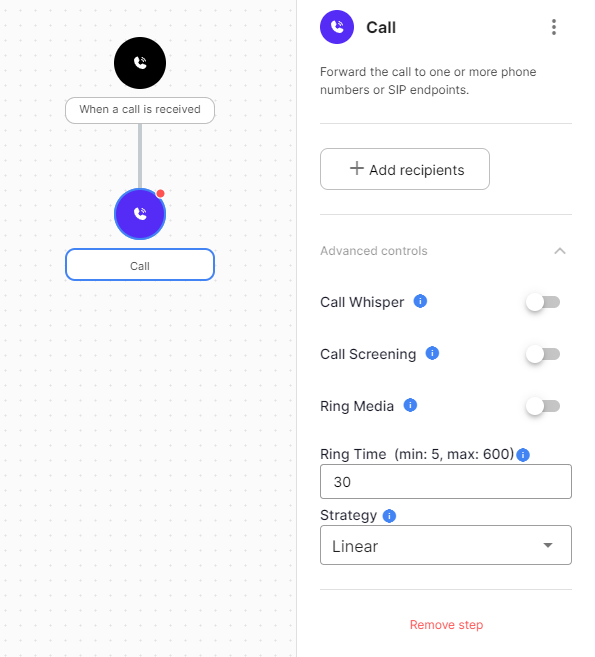 The Call step form