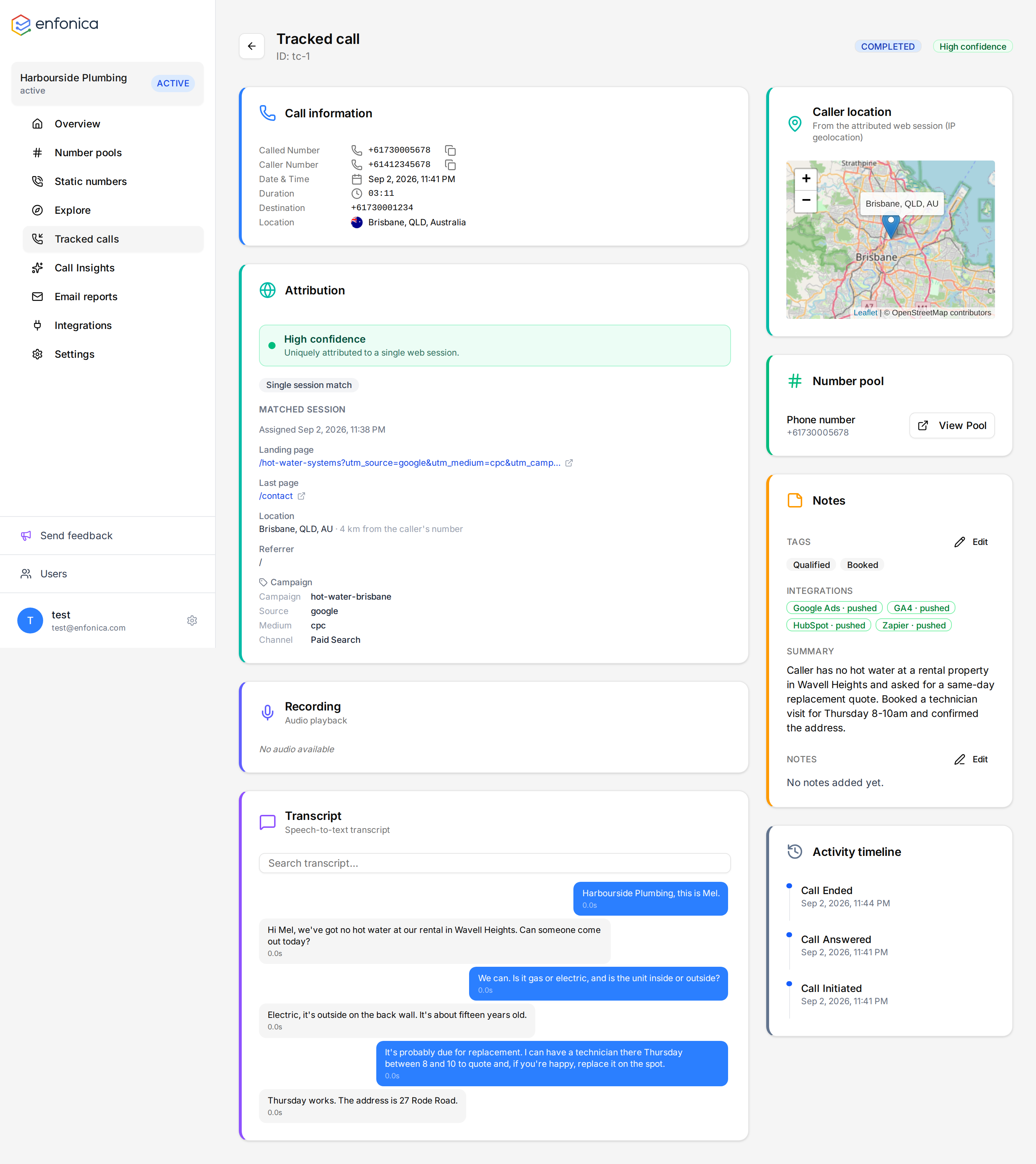 A tracked call with High confidence attribution, recording, transcript, labels and summary