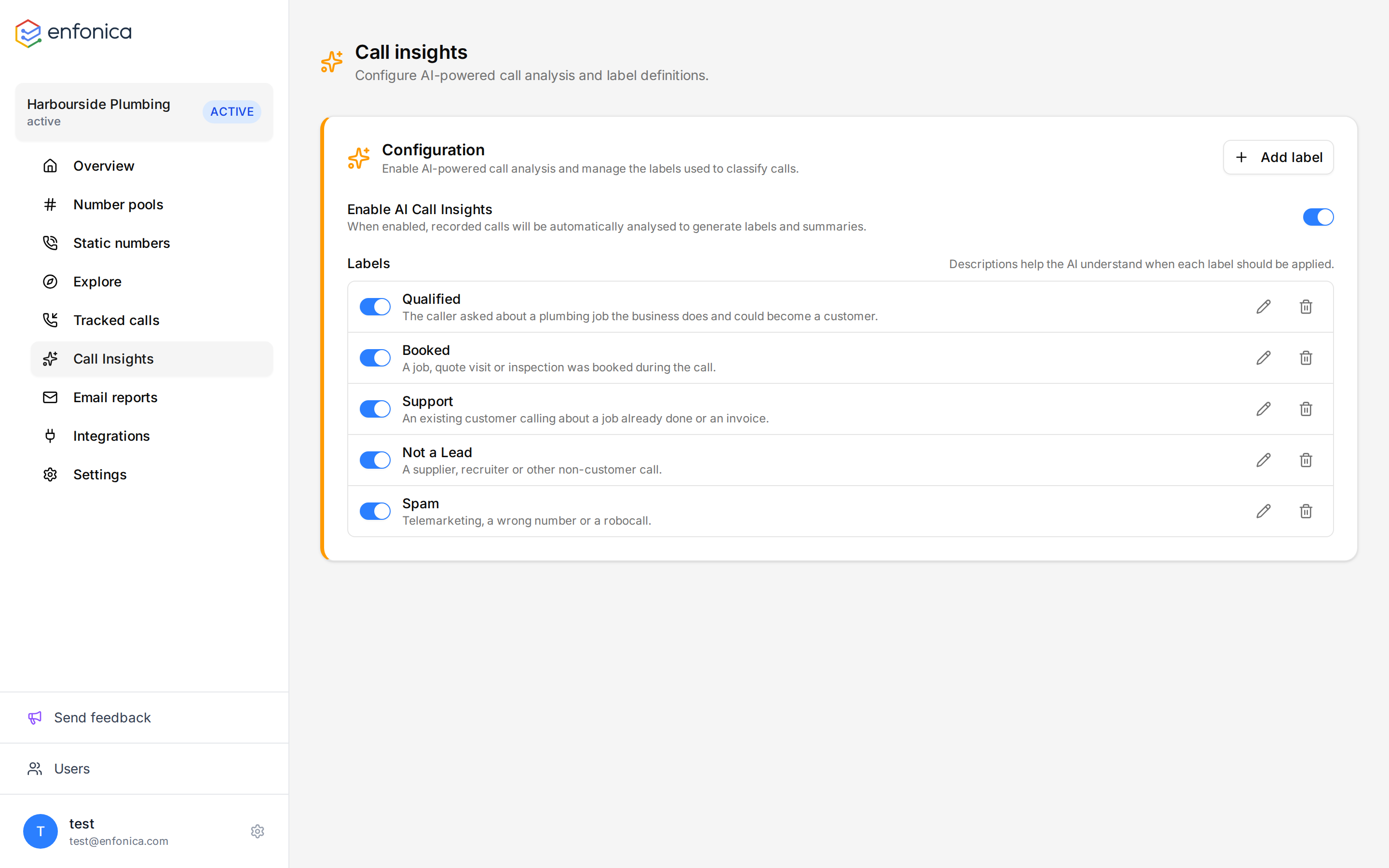The Call Insights page with the enable switch and label definitions