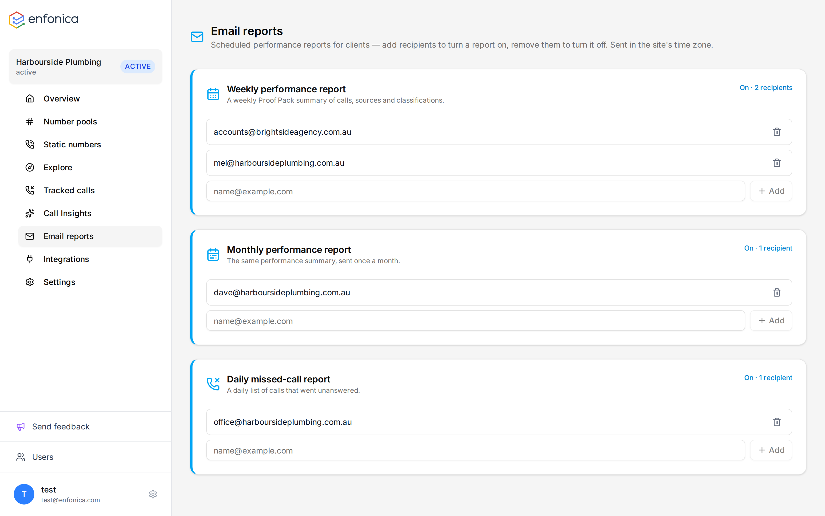The email reports page with recipients on each report