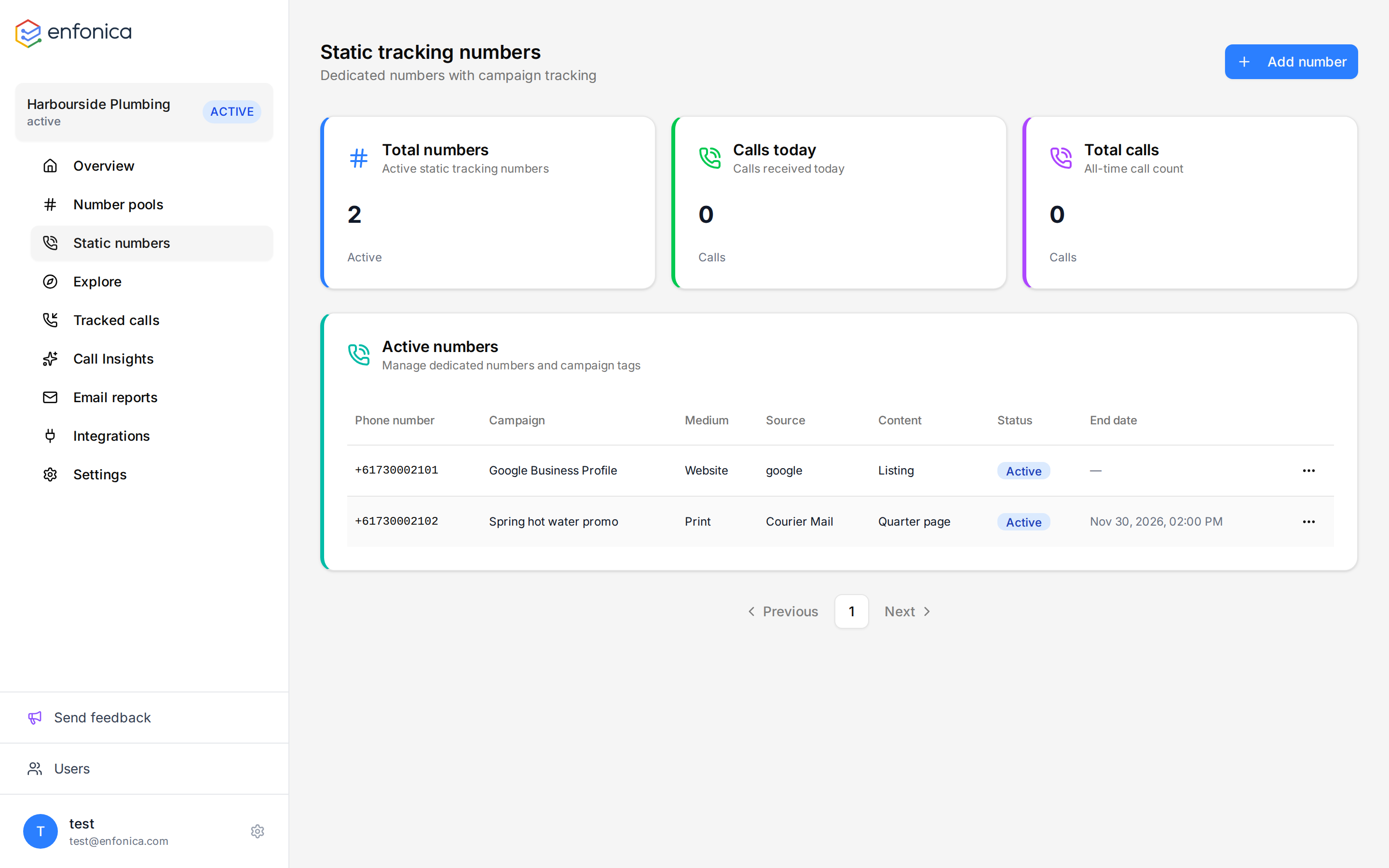 The static tracking numbers list with campaign details